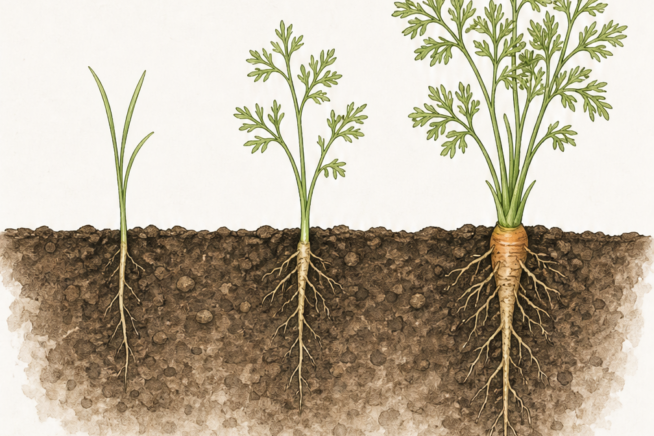 Botanical illustration showing three stages of carrot seedling growth from a tiny grass-like sprout to a 4-inch established plant with lacy green tops.