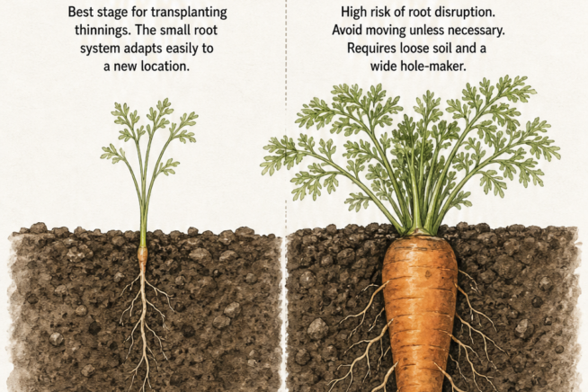 Cross-section illustration comparing a 4-week-old carrot seedling root to a 2-month-old developed carrot root.