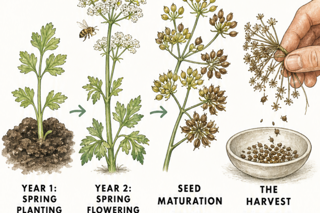 Illustration showing the two-year lifecycle of a celery plant from spring planting to seed harvest