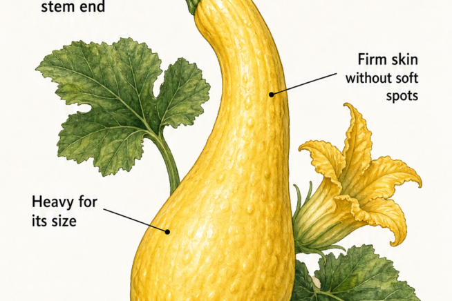 Botanical illustration of a yellow crookneck squash highlighting signs of freshness like a green stem and firm skin.