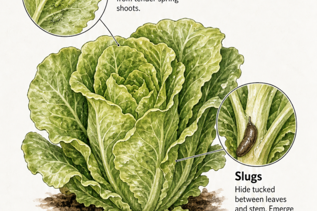 Botanical illustration of a lettuce head showing common pests like aphids, slugs, and caterpillars with their specific damage patterns.