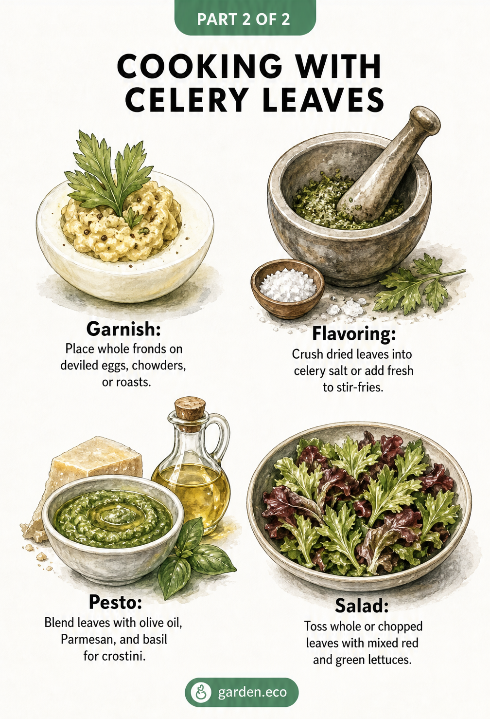 Watercolor illustrations showing four ways to cook with celery leaves: as a garnish, flavoring, in pesto, and in salads