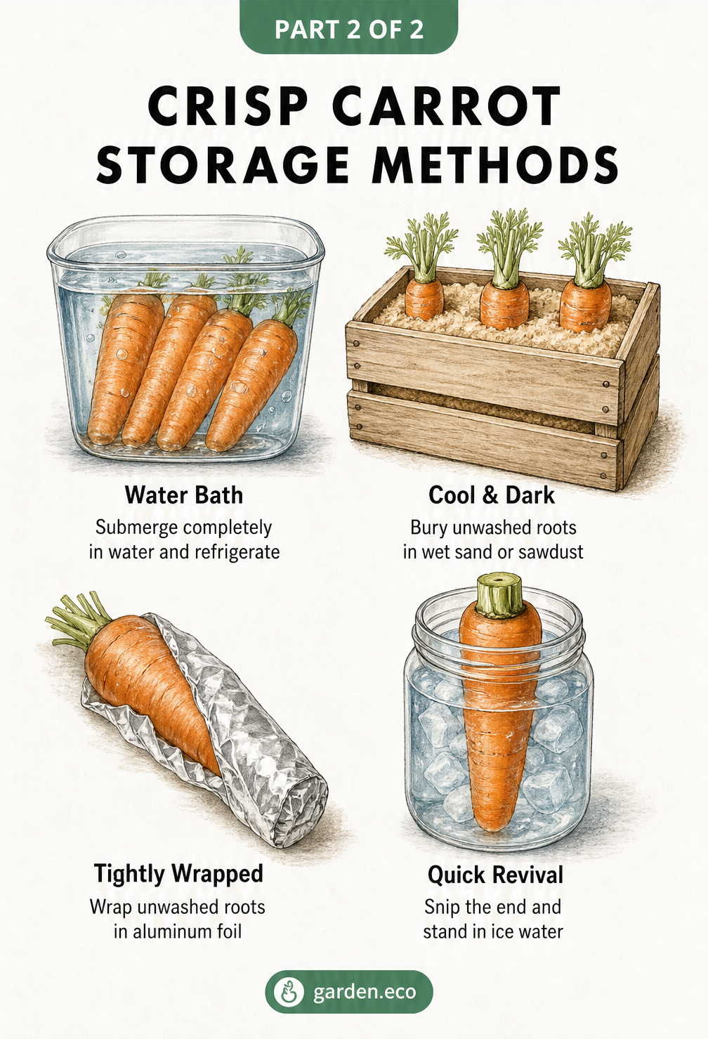 Illustration showing four methods to store carrots: water bath, wet sand, aluminum foil, and ice water revival