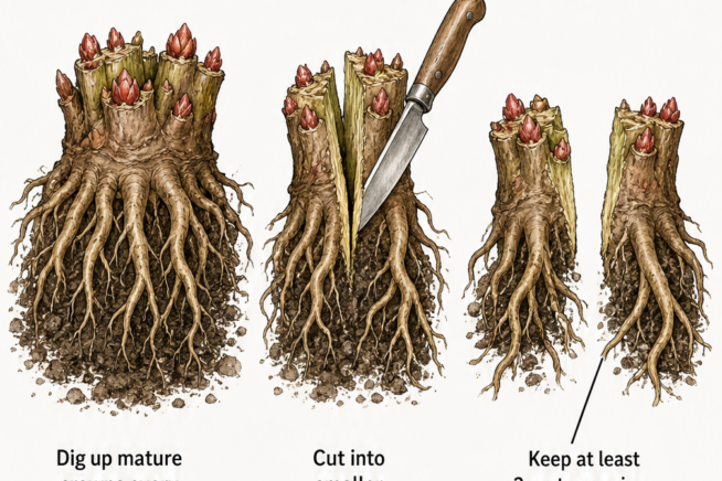 Three-step illustration showing how to dig up a mature rhubarb crown, cut it in half with a garden knife, and ensure each new piece has at least two roots.