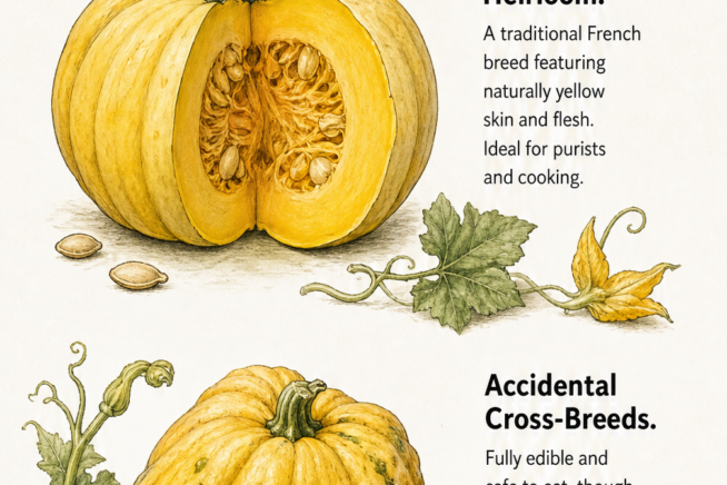 Botanical illustration comparing a Paris Yellow heirloom pumpkin with yellow flesh to an accidental cross-breed yellow pumpkin.