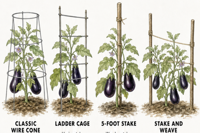 Sketches of four eggplant support methods including a classic wire cone, ladder cage, wooden stake, and stake and weave system.