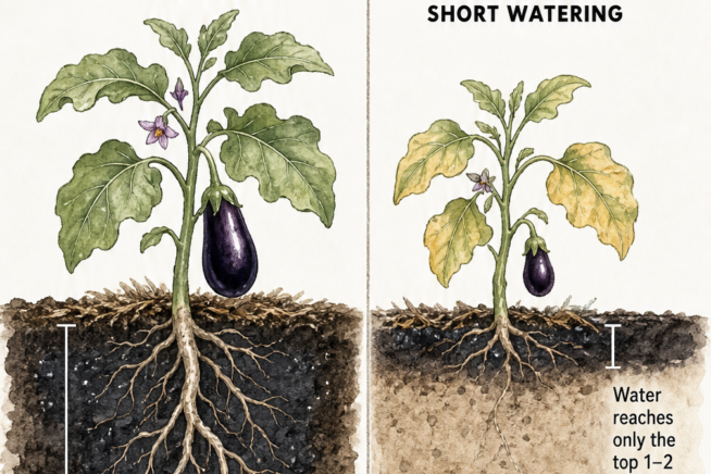 Cross-section illustration showing deep watering versus frequent short watering for eggplants, highlighting root depth and soil moisture.