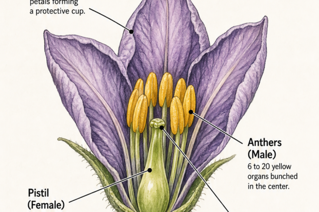 Botanical illustration showing the anatomy of an eggplant flower including petals, anthers, pistil, and stigma.