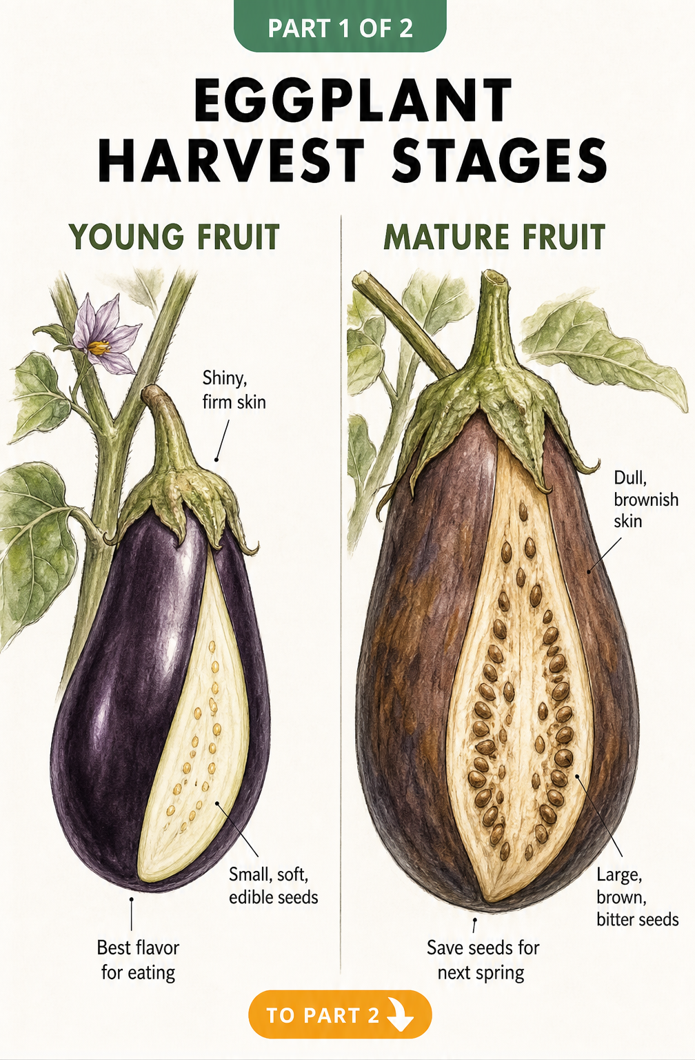 Botanical illustration comparing a young eggplant with small edible seeds to a mature eggplant with large brown seeds.