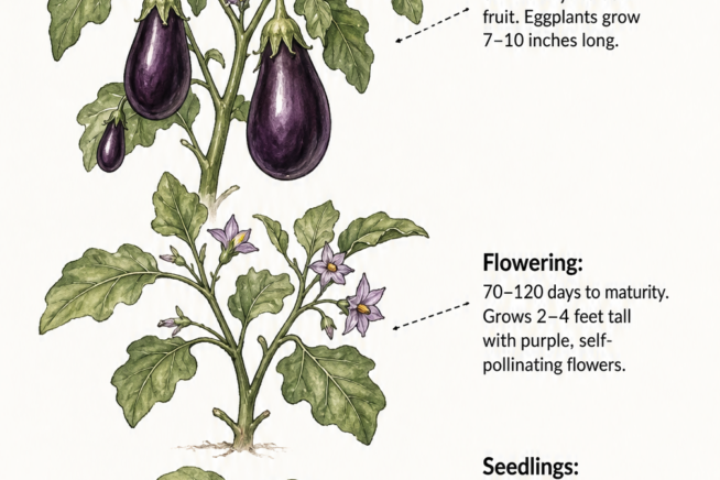 Botanical illustration showing the four growth stages of an eggplant from seed to fruiting plant.