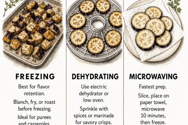 Illustrations showing three alternative methods to preserve eggplant: freezing, dehydrating, and microwaving