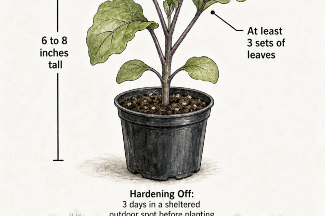 Botanical illustration of an eggplant seedling ready for transplanting, showing it at 6 to 8 inches tall with at least 3 sets of leaves, plus a hardening off...