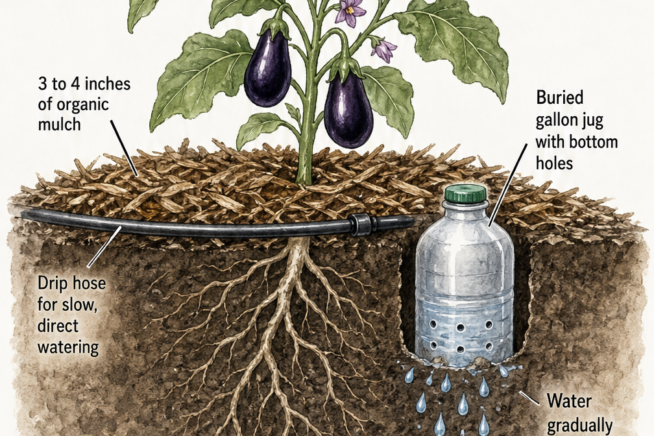 Illustration of an eggplant plant showing three methods to retain soil moisture: organic mulch, a drip hose, and a buried gallon jug.