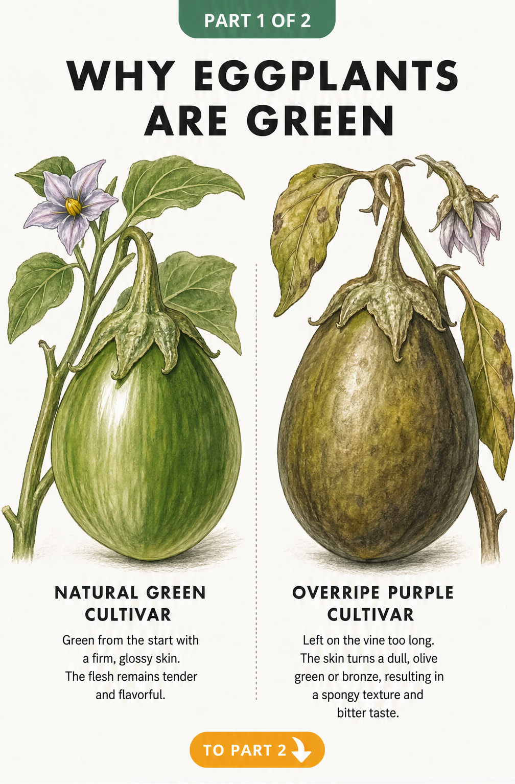 Botanical illustration comparing a natural green eggplant cultivar with an overripe purple eggplant that has turned green.