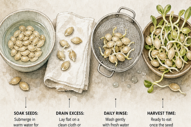 Watercolor illustration of a kitchen counter showing the four steps to grow edible pumpkin sprouts: soaking, draining, rinsing, and harvesting.