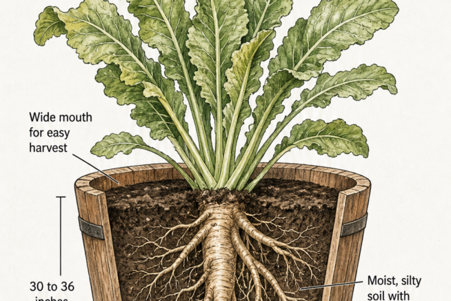 Botanical cross-section illustration showing a mature horseradish plant growing in a deep wooden barrel container with labels for soil, drainage, and depth.