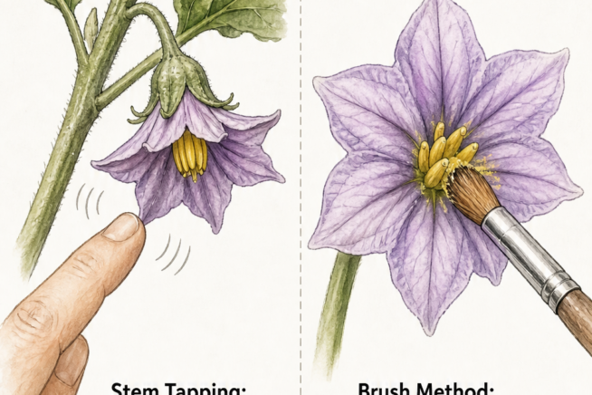 Illustration showing how to hand pollinate eggplant flowers by tapping the stem or using a soft paintbrush to mix pollen.