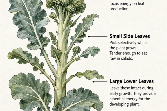 Botanical illustration showing how to harvest edible broccoli leaves, including large lower leaves and small side leaves.