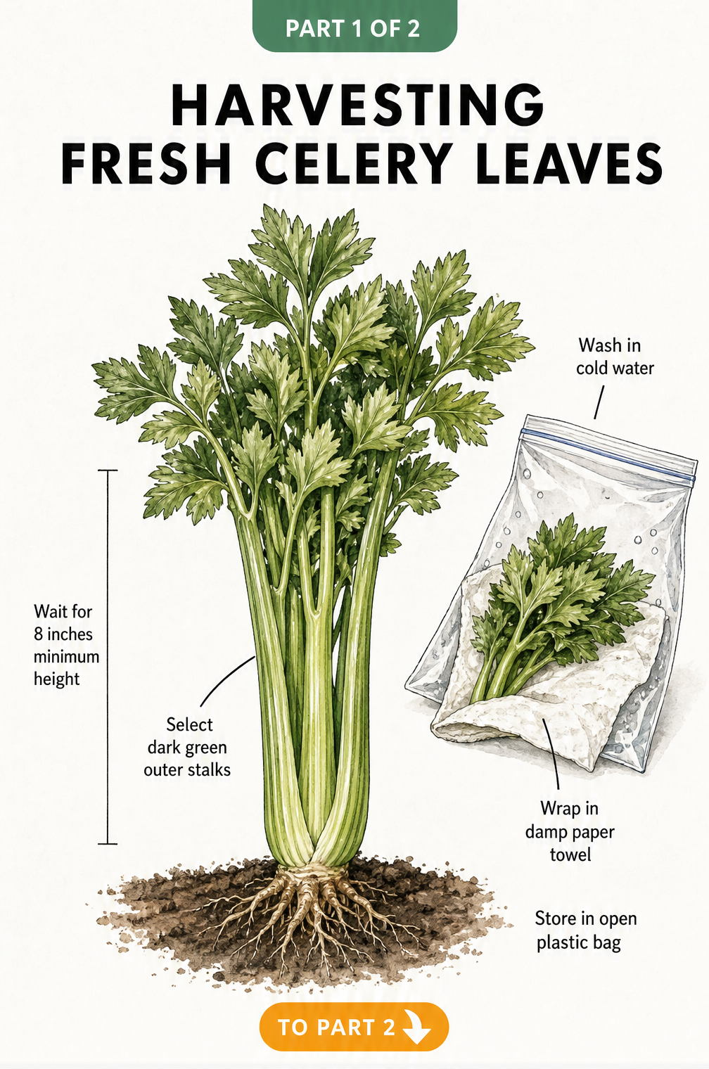 Hand-drawn botanical illustration showing how to harvest fresh celery leaves, including minimum height and storage tips