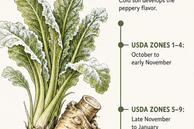 Illustration of a horseradish root with frosty leaves and a timeline showing harvest times by USDA zone