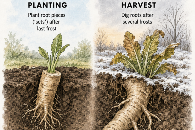 Split botanical illustration showing the horseradish planting cycle, from planting root sets in spring to harvesting large roots after the first fall frost.