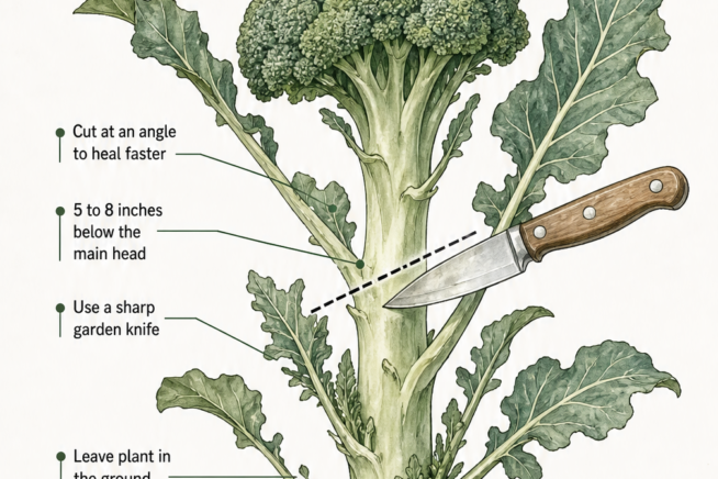 Botanical drawing showing how to cut a broccoli stem at an angle 5 to 8 inches below the main head using a garden knife.
