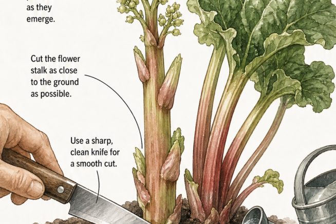 Close-up illustration of a garden knife cutting a rhubarb flower stalk near the base of the plant.
