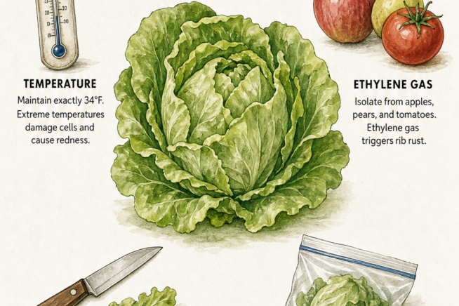 Illustrated guide showing how to keep harvested lettuce fresh by controlling temperature, avoiding ethylene gas, making clean cuts, and limiting air exposure.
