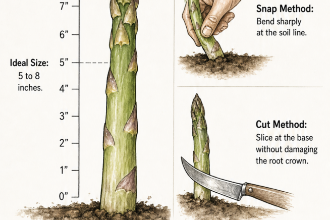 Botanical illustration of an asparagus spear showing the ideal 5 to 8 inch size, with details on the snap and cut harvesting methods.