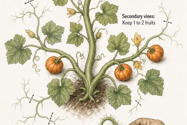 Top-down illustration of a pumpkin vine showing where to prune the main vine at 10 feet, keep 1 to 2 fruits on secondary vines, and completely remove tertiary...