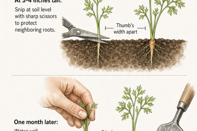 Illustration demonstrating two methods for thinning carrot seedlings: snipping at soil level with scissors and gently pulling a baby carrot after loosening the...