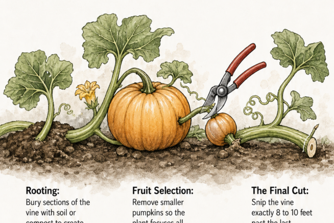 Illustration demonstrating how to trim pumpkin vines, showing rooting the vine, selecting the best fruit, and making the final cut 8 to 10 feet past the last...