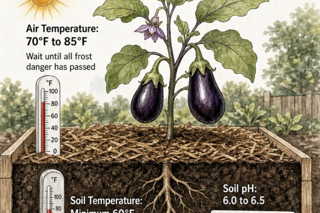 Cross-section of a raised garden bed showing ideal eggplant transplant conditions: air temperature 70 to 85 degrees, soil temperature minimum 60 degrees, and...