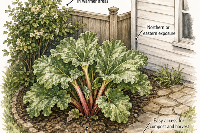 Isometric garden illustration showing a rhubarb plant in a permanent bed with northern exposure and afternoon shade