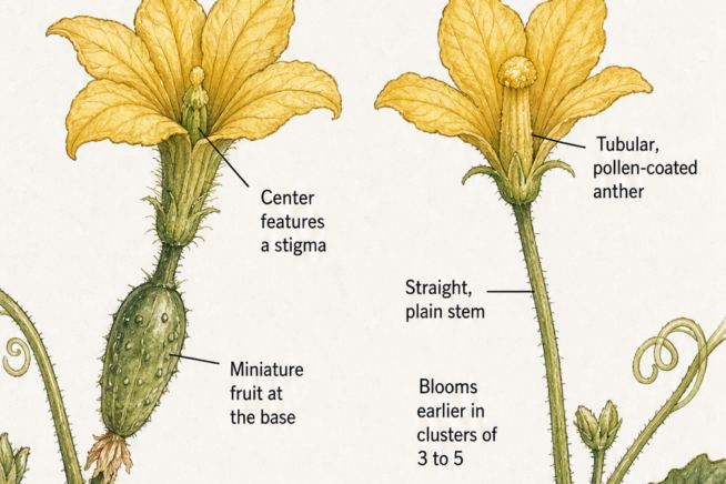 Botanical illustration comparing female and male cucumber flowers, showing the miniature fruit at the base of the female flower and the straight stem of the...