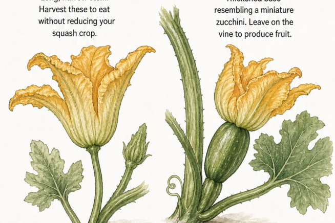 Botanical illustration comparing a male zucchini blossom with a long narrow stem to a female blossom with a thickened base resembling a tiny zucchini.