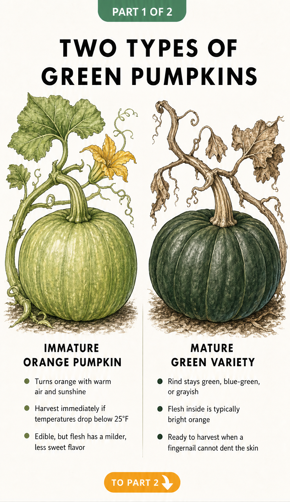 Illustration comparing an immature orange pumpkin with a mature green pumpkin variety, showing differences in rind color and harvest readiness.
