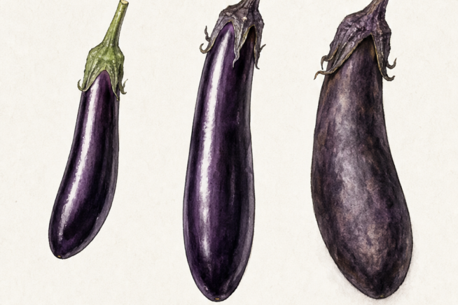 Illustration of three Japanese eggplants showing ideal harvest size, maximum size up to 10 inches, and an overripe mushy fruit.