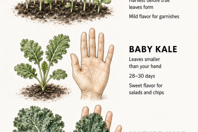 Botanical illustration showing three stages of kale growth: sprouts, baby kale, and mature kale with a human hand for scale.