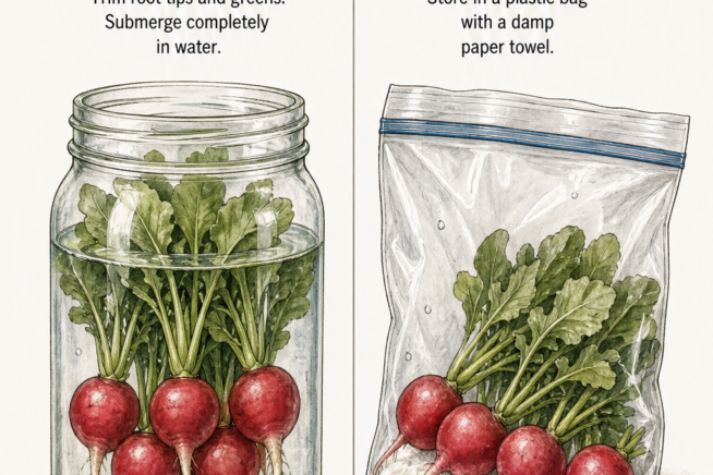 Illustration showing two methods for keeping harvested radishes crisp: submerged in a water jar and stored in a plastic bag with a damp paper towel.