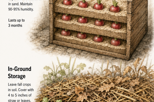 Cross-section illustration of long-term winter radish storage methods: layering in a sand-filled root cellar and in-ground storage under thick mulch.