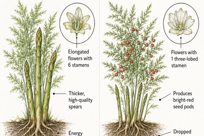 Illustration comparing male and female asparagus ferns, showing the thicker spears and elongated flowers of male plants versus the thinner stems and red seed...