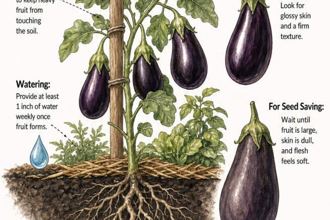 Cross-section illustration of a mature eggplant showing deep roots, staking support, and fruit harvesting tips.