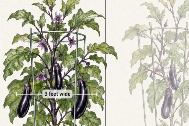 Botanical illustration showing a mature Japanese eggplant plant reaching 4 feet tall and 3 feet wide, supported by a tomato cage, with spacing guidelines.