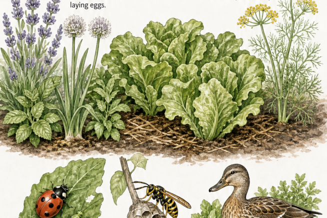 Illustration of a garden bed with lettuce, lavender, garlic, and dill, alongside beneficial insects like ladybugs, lacewings, paper wasps, and a duck.