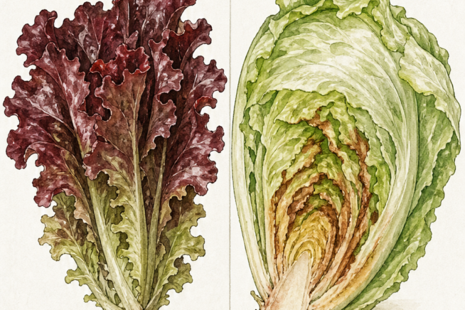 Botanical illustration comparing natural red leaf lettuce rich in anthocyanin with oxidized green lettuce showing rusty edges.