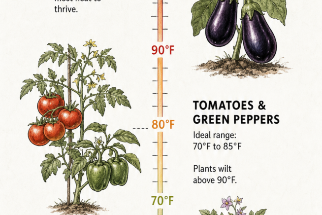Botanical illustration showing the temperature needs of eggplants, tomatoes, green peppers, and potatoes on a Fahrenheit scale.