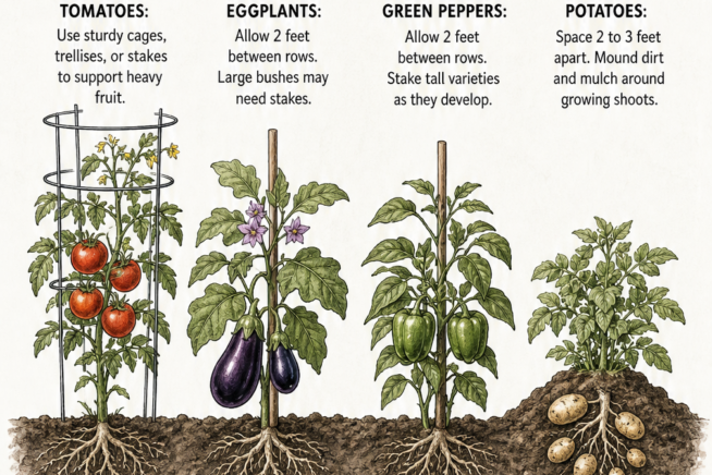 Cross-section garden bed illustration showing the spacing, roots, and support structures for tomatoes, eggplants, green peppers, and potatoes.