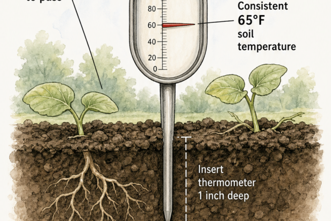 Illustration of a soil thermometer inserted 1 inch deep showing 65 degrees Fahrenheit, the ideal temperature for planting pumpkin seeds in Ohio.