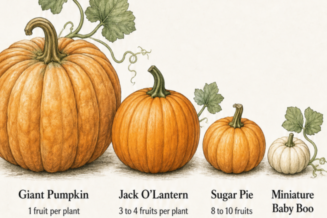 Illustration showing four pumpkin varieties side by side, from a giant pumpkin to a miniature baby boo, with the optimal number of fruits per plant for each...